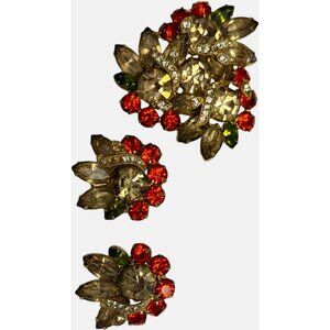 Eisenberg Ice Vintage Rhinestone Fall Leaf Brooch & Clip-On Earrings READ